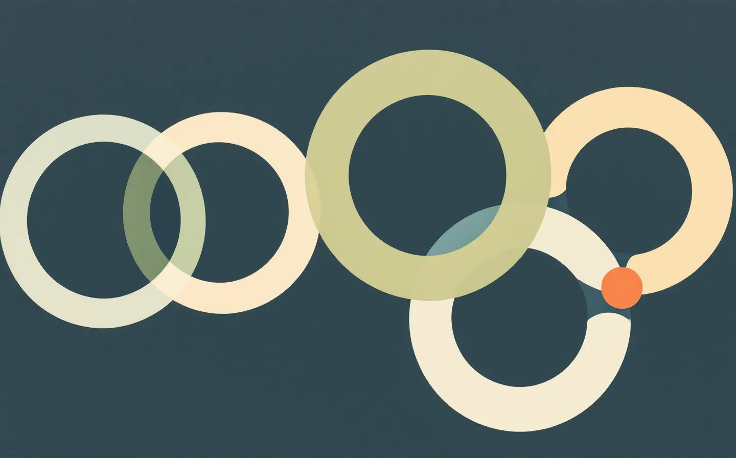 A flat hard-edged risograph emblem of an abstract seven-bead cyclic peptide ring in sage and bone with one terracotta accent bead, on a deep slate-ink ground